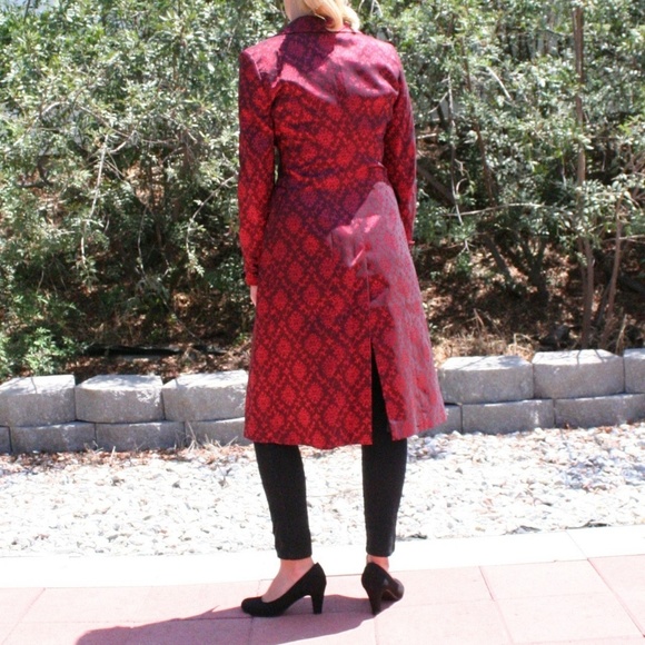 Bebe Red Metallic Patterned A-line Long Coat - Picture 2 of 4